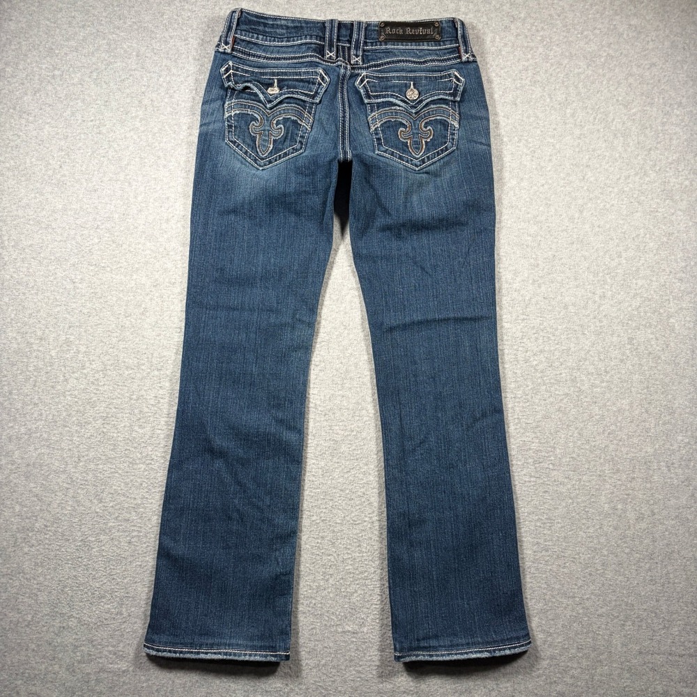 Rock Revival Debbie Bootcut Jeans Womens 29 Blue Distressed Thick Stitch Denim